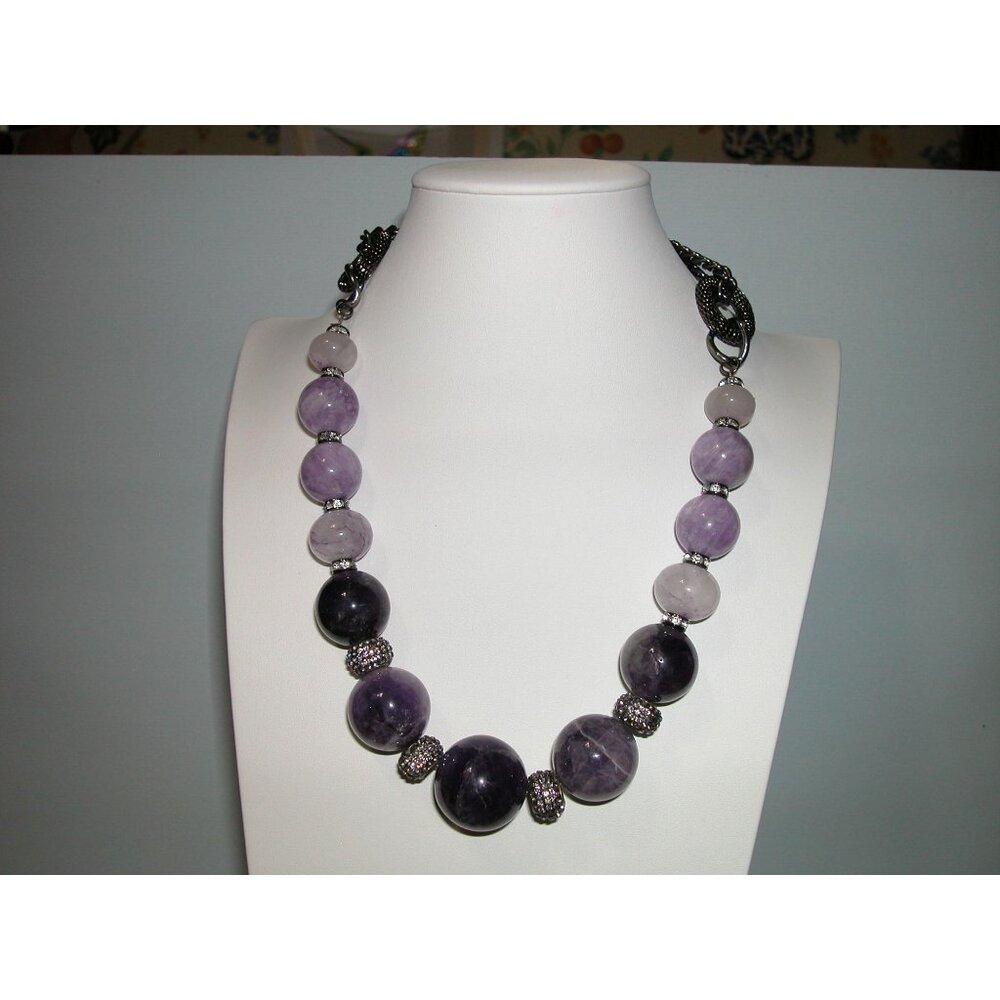 Purple Amethyst Large Beaded Necklace With Silver-Tone Chain & Toggle Clasp